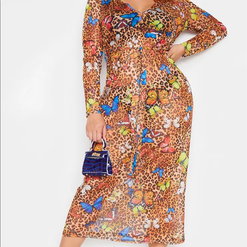 Gorgeous mesh cheetah and butterfly print tie waist dress